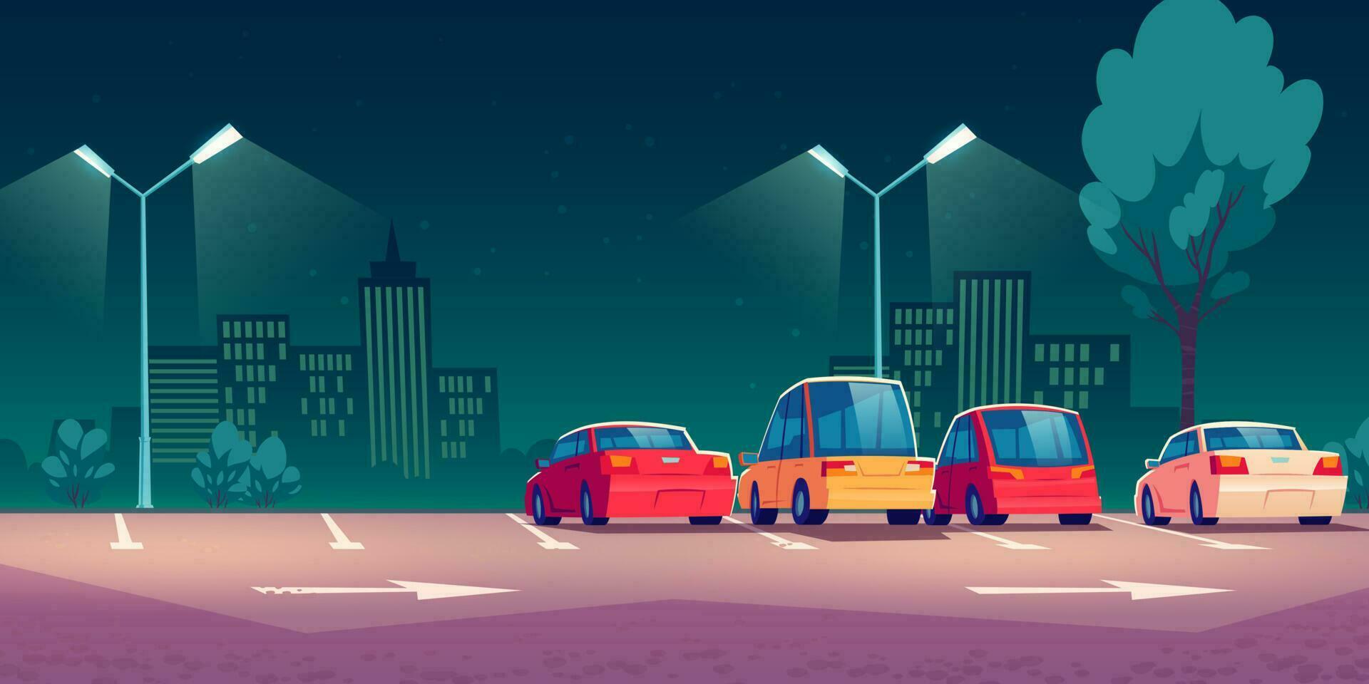 Cars on city street parking at night vector