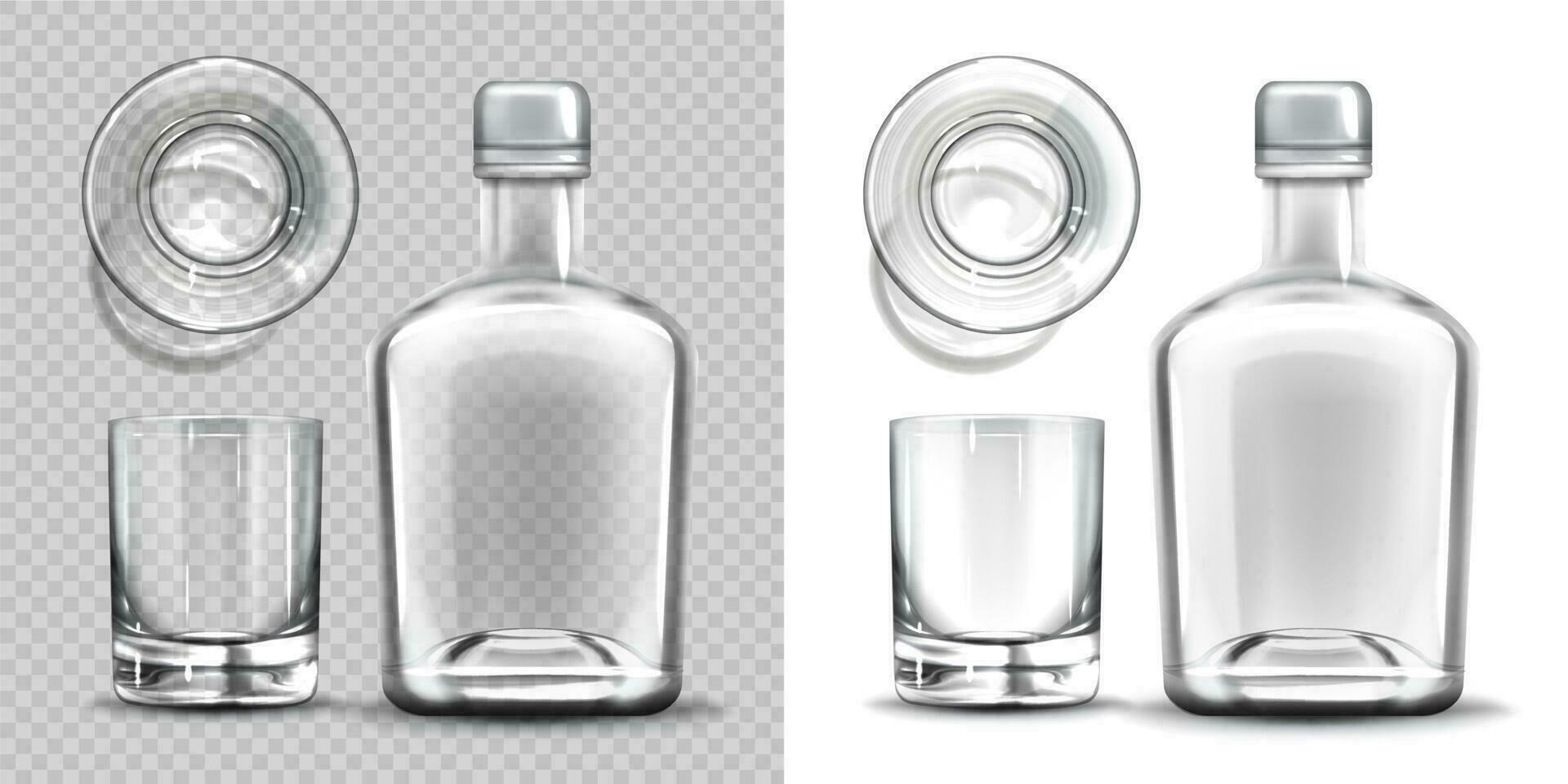 Empty bottle and shot glass side and top view set. vector