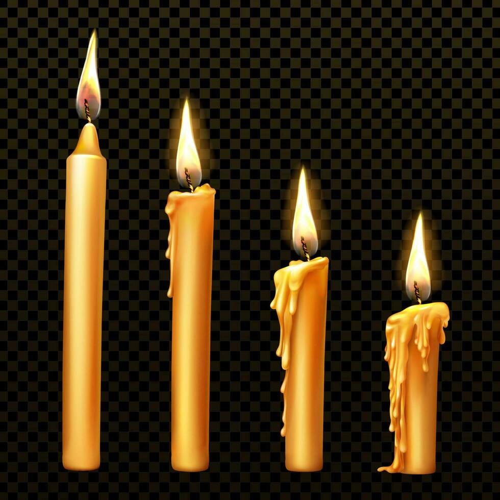 Burning candle, dripping or flowing wax, realistic vector