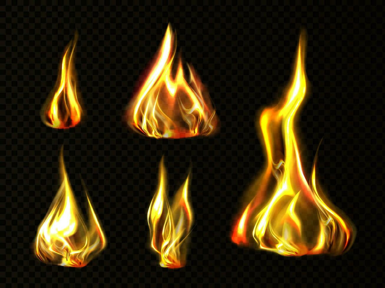 Realistic fire, torch flame set isolated clip art vector