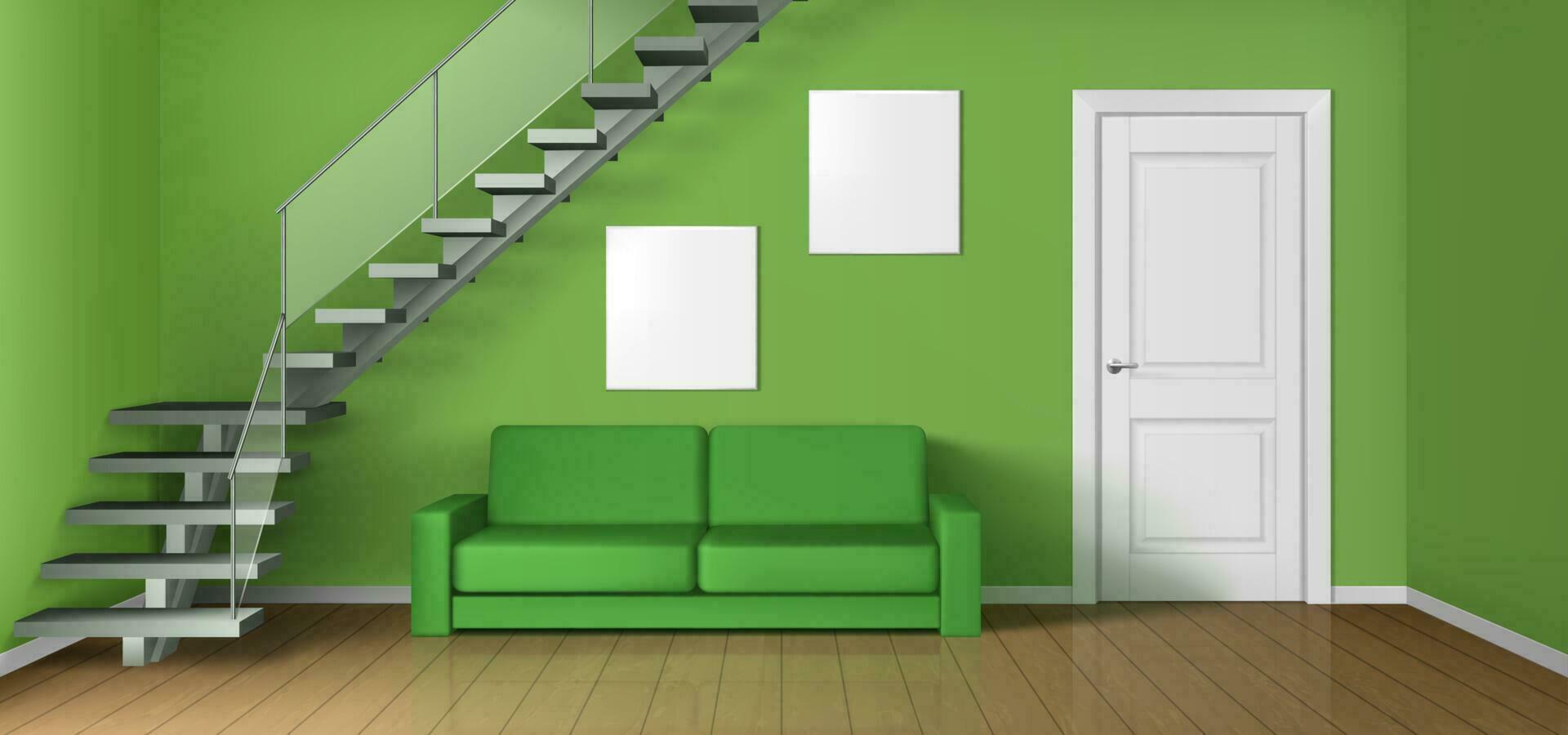 Empty living room with sofa, staircase and door vector