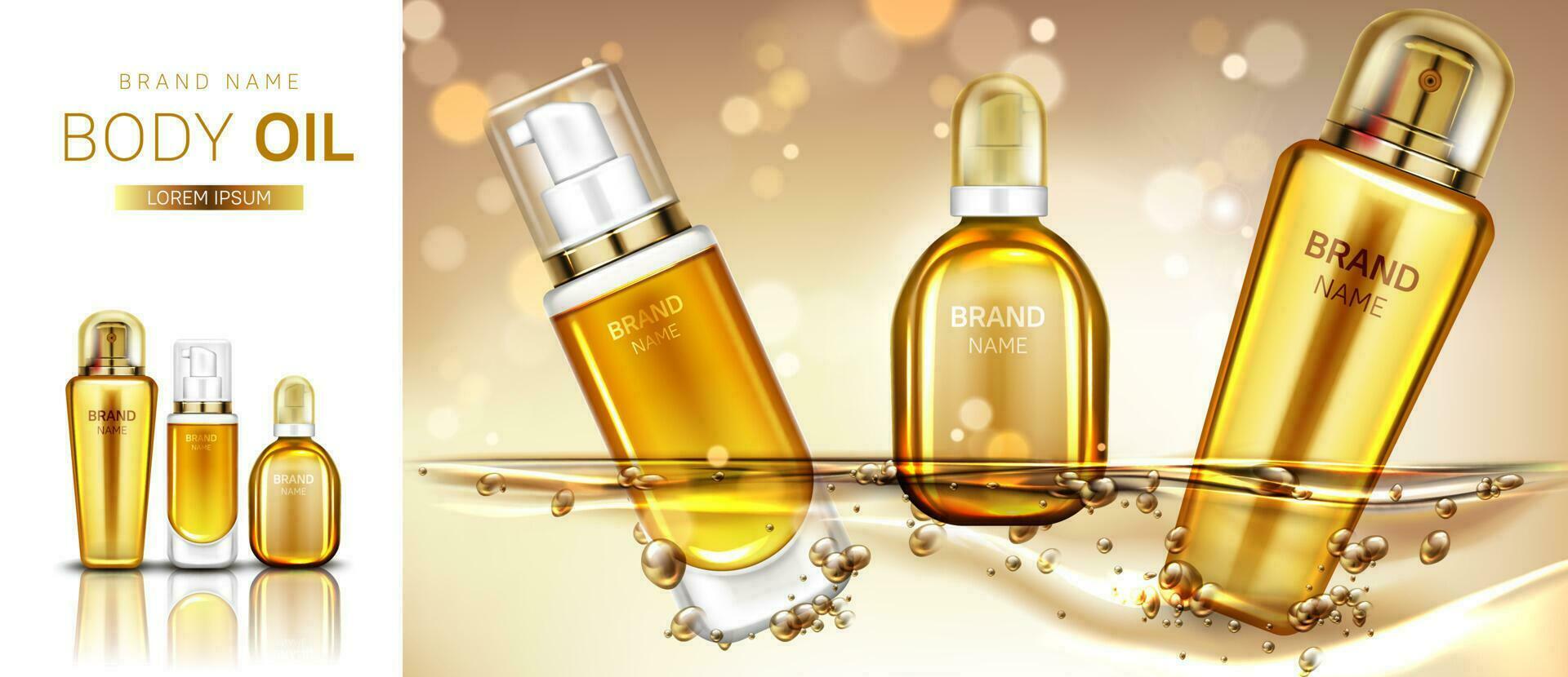 Body oil cosmetics product bottles mockup banner. vector