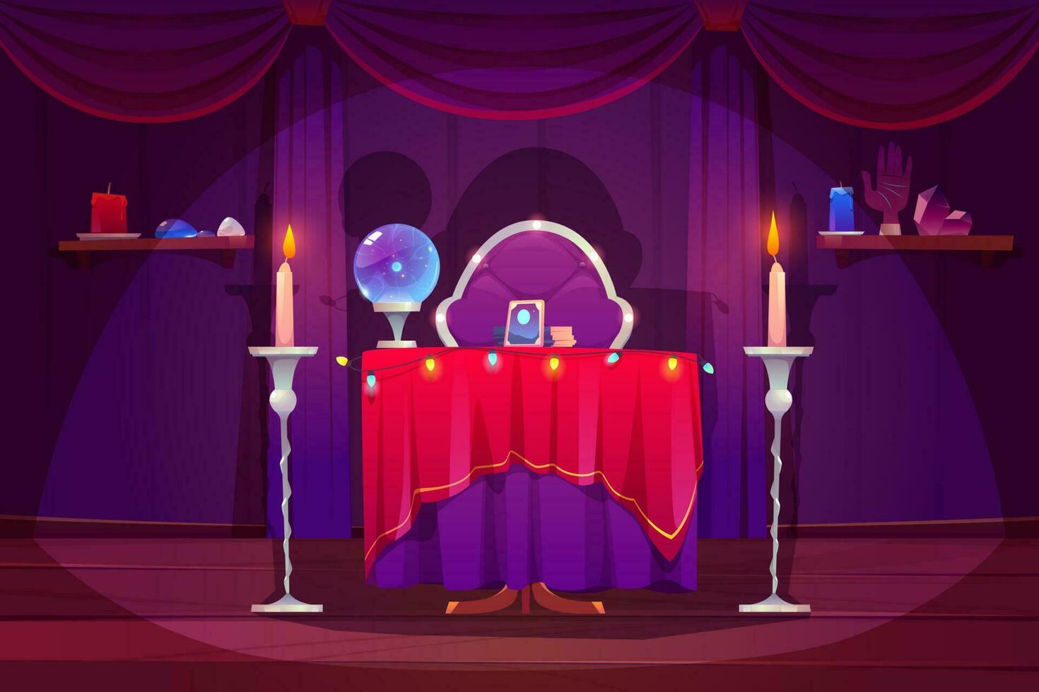 Fortune teller room with magic ball, tarot cards vector