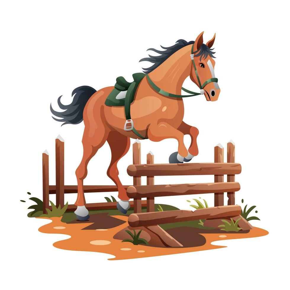 el caballo saltos terminado un obstáculo. lado de caballo equitación. saltando dibujos animados estilo. vector