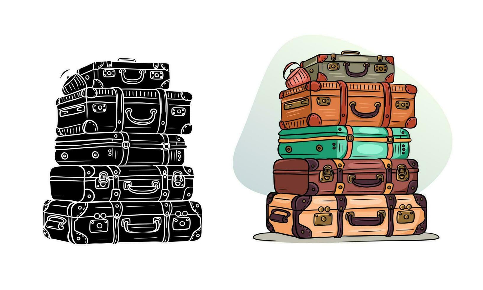 Classic retro travel suitcases stacked on top of each other. Cartoon style. Silhouette. vector