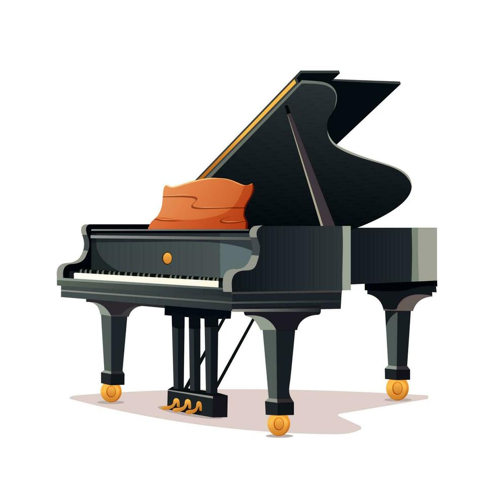 Classic black grand piano with open lid. Musical instrument. Vector illustration for design.