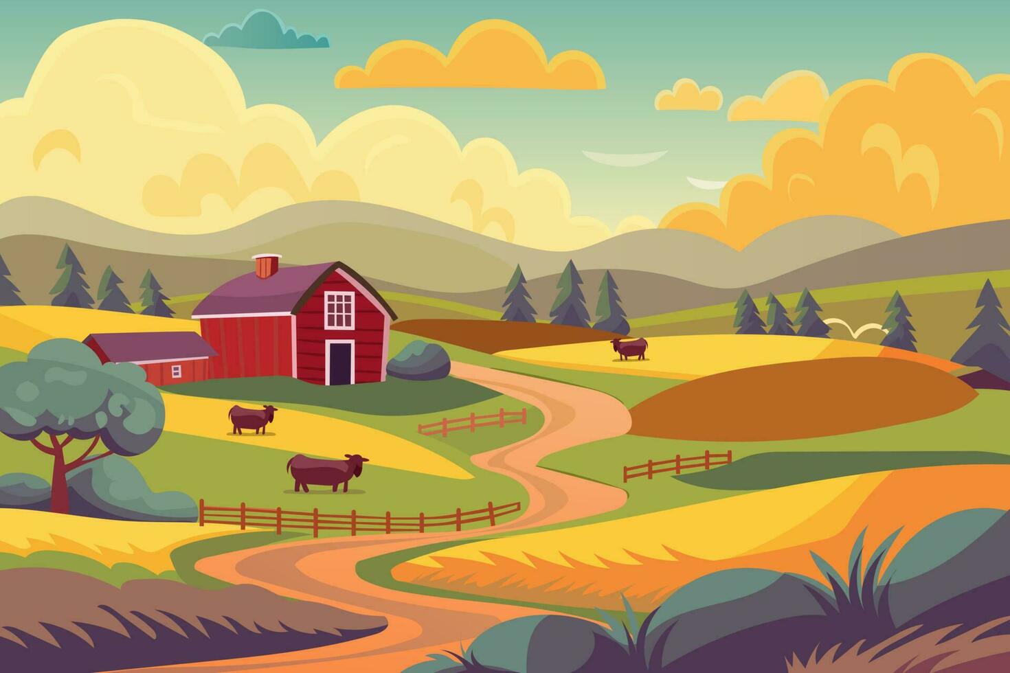 Rural landscape illustration for background. Farmhouse and barns, cows grazing through the fields. vector