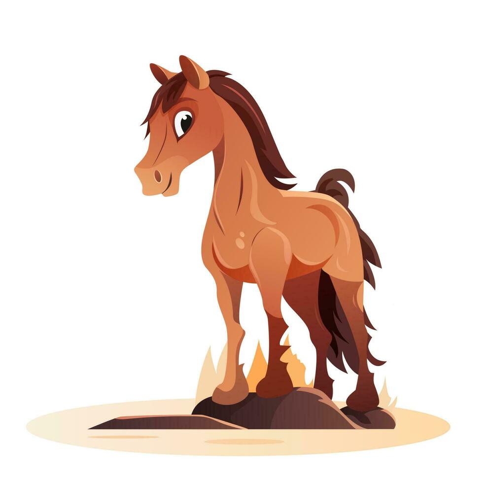Cartoon brown horse stands on a white background. Cute pony illustration. vector