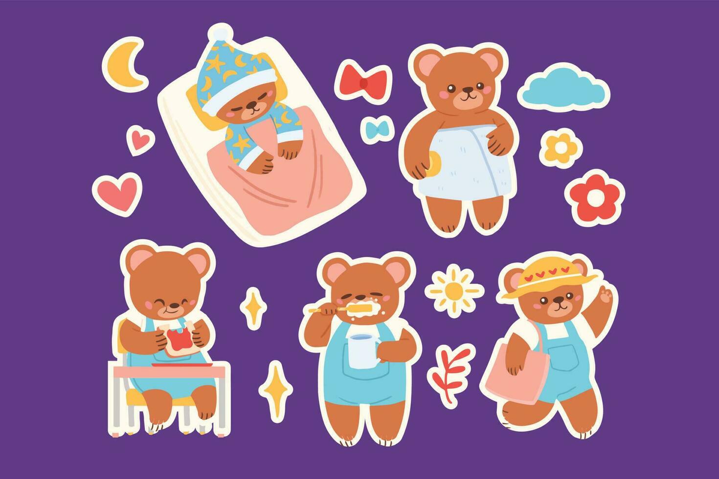 Cute bear's morning routine sticker set vector