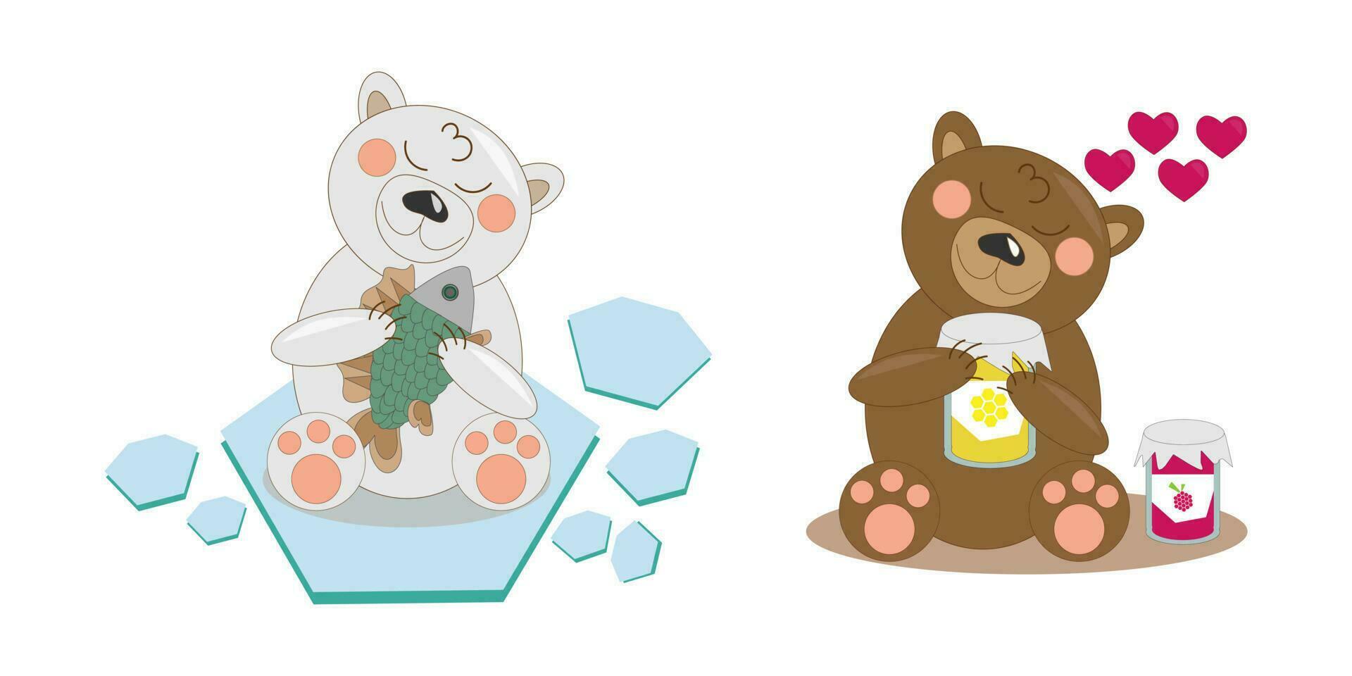 vector illustration set of cartoon teddy bears brown and polar with treats fish, honey and raspberry jam