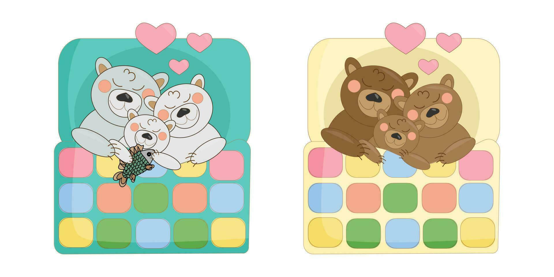 vector illustration set of sleeping families of polar and brown cartoon bears under a patchwork quilt blanket in beds