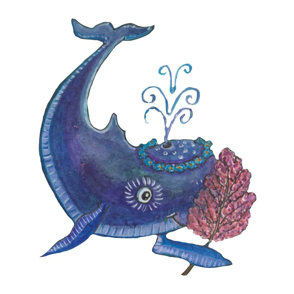 vector acuarela ilustración azul ballena dibujos animados con un guirnalda de azul flores y un floración rama en un blanco antecedentes