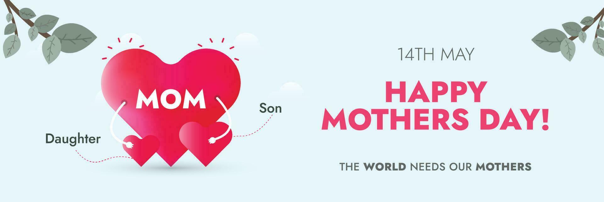 Happy Mothers Day. Happy mothers day 2023 cover or banner with three hearts. Mom with her children's mother day card. Design for fashion ads, poster, flyer, card, website. Red heart family. Awareness vector