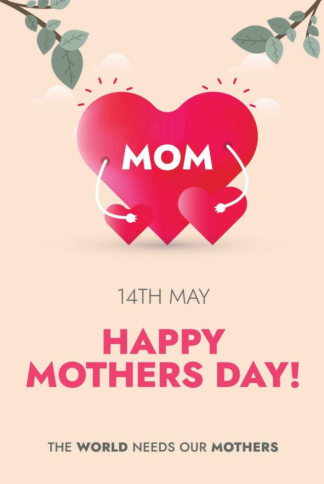 Happy Mothers Day Card. Happy mothers day 2023 post or banner with three hearts. 14th May. Mom with her children's mother day card. Design template for social media poster, flyer, card, website. vector