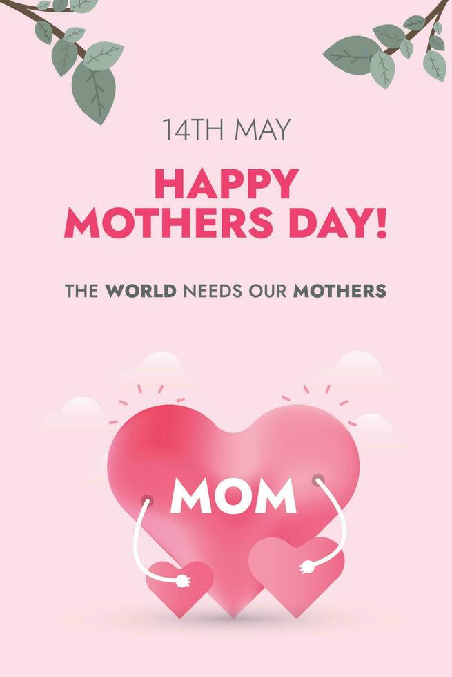 Mothers Day. Happy mothers day 2023 cover or banner with three hearts. 14th May. Mom with her children's mother day card. Design template for social media. Vertical Mothers Wish vector