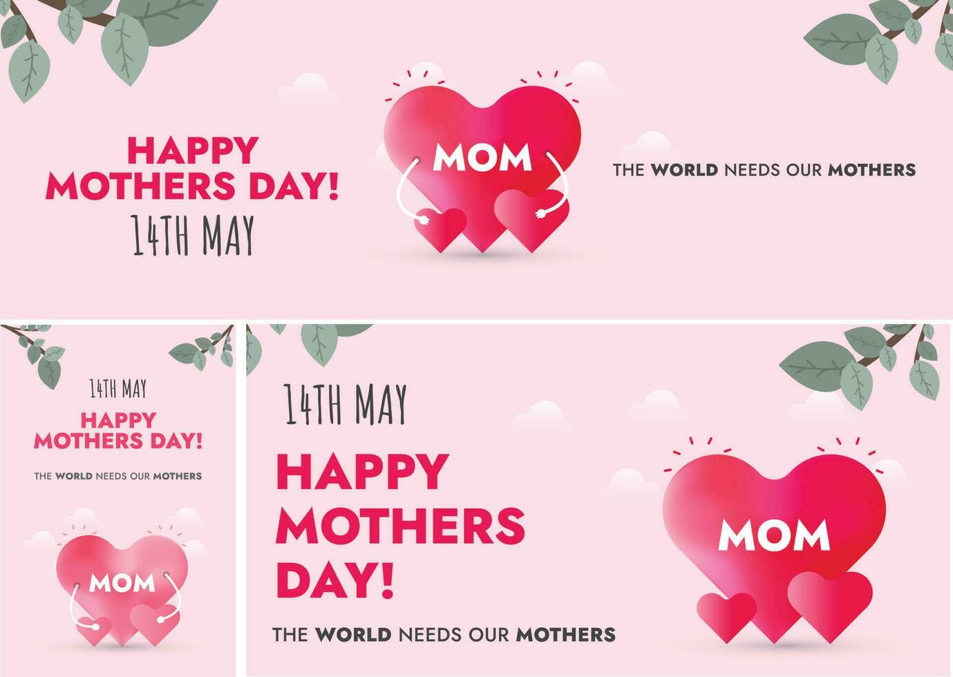 Happy Mothers Day. Happy mothers day 2023 cover, banner or poster with three hearts. 14th May. Mom with her children's mother day card. Design templates for social media wish in pink vector
