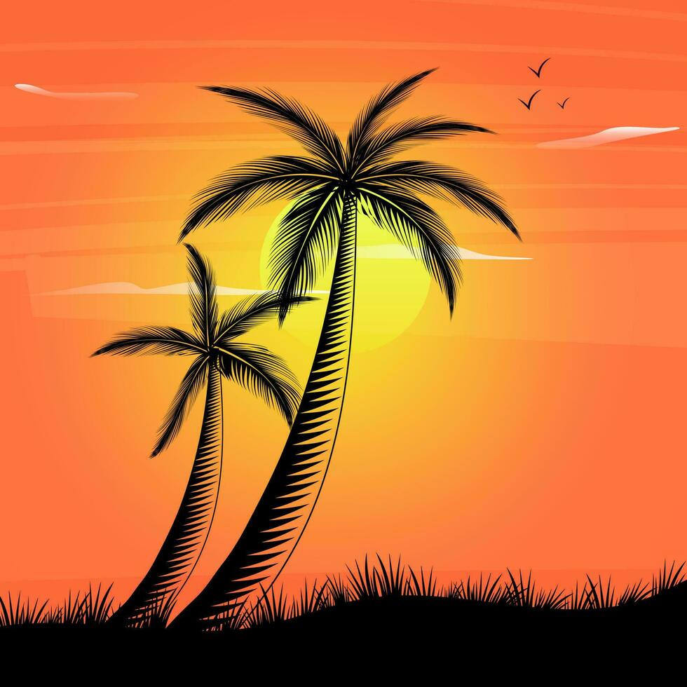 A sunset with two palm trees on the beach vector