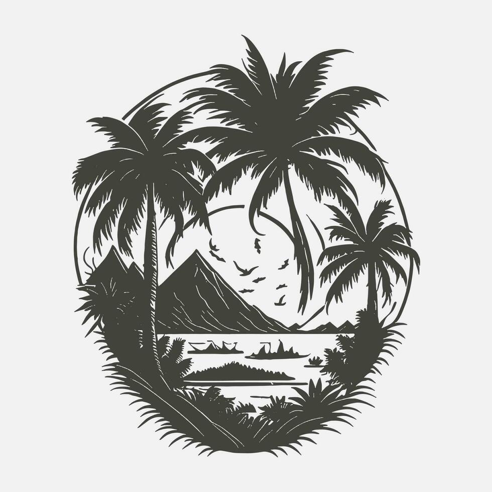 Summer tshirt design A circle with a palm tree and mountains in the middle vector
