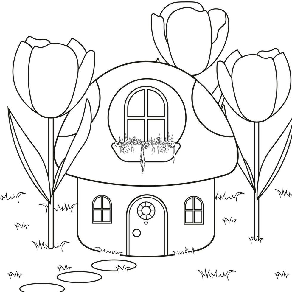 Mushroom House Surrounded by Tulips on Grass Coloring Page vector