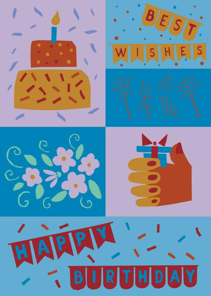 Papercut birthday concept illustration. Vector cutout bold elements related to birthday party. Ideal for graphic poster, postcard, background, print, pattern, post for social media