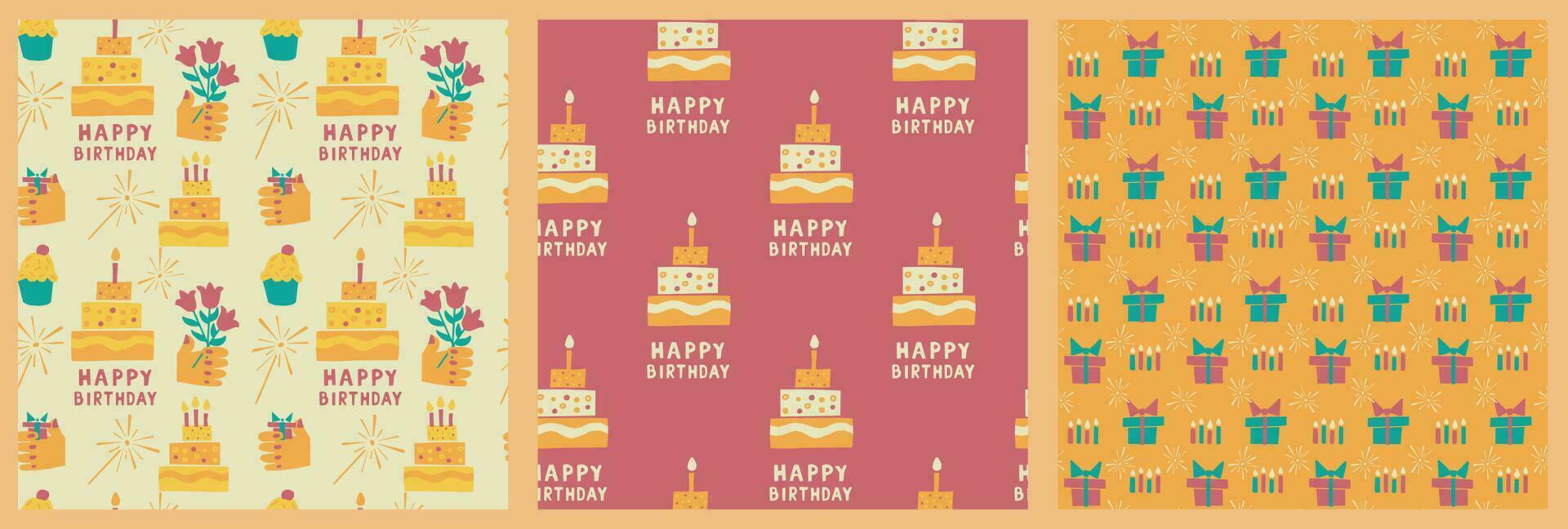 Set of three seamless pattern with hand drawn cutout elements related to birthday party and text Happy birthday in pastel papercraft flat style. Suitable for textile, wallpaper, wrapping, background vector