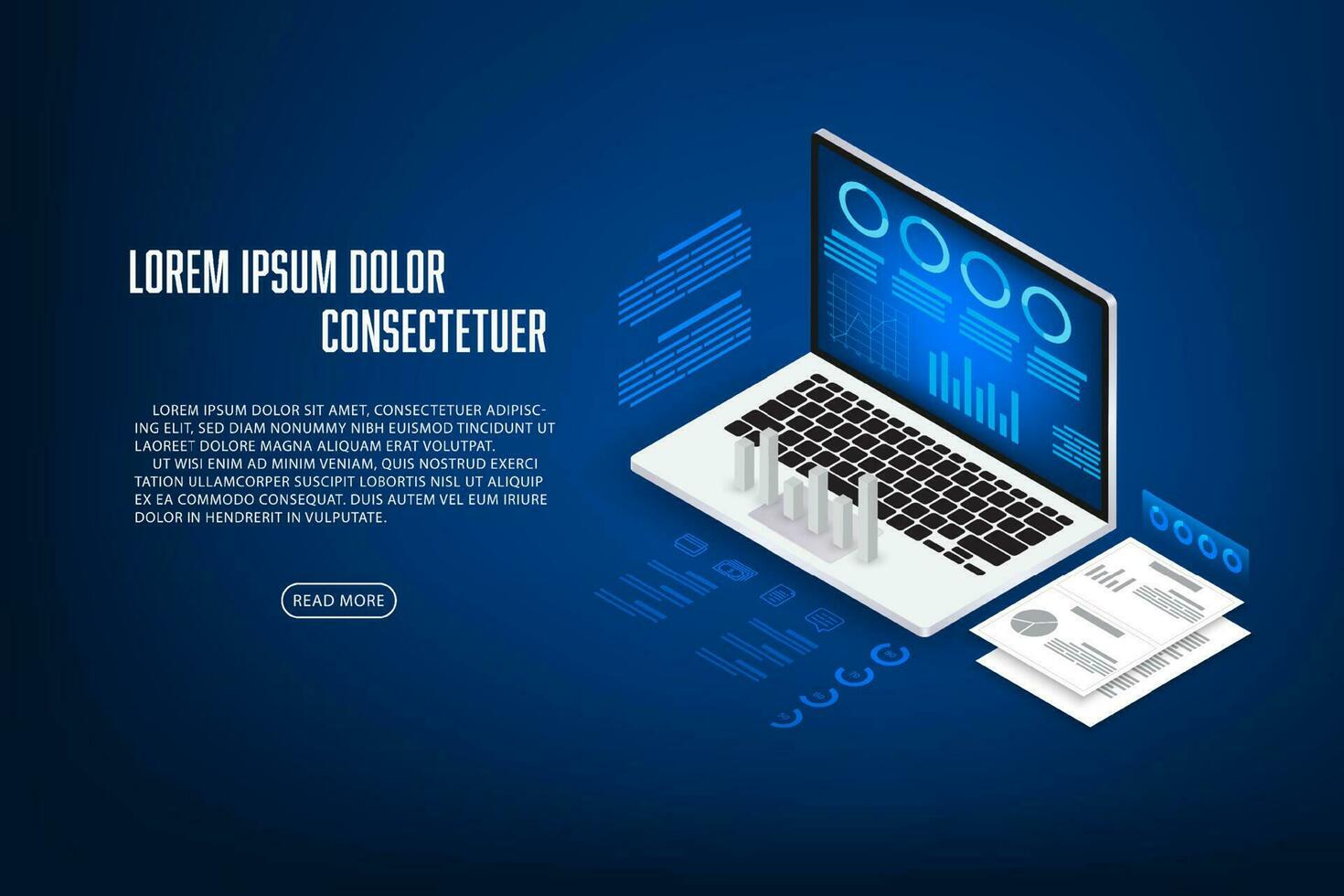 Vector isometric laptop with stock chart data concept Technology business background.