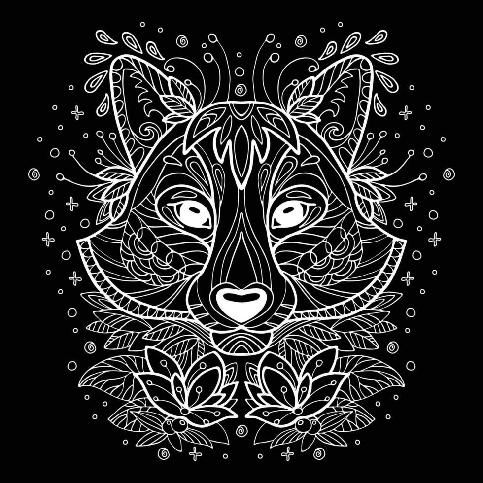 Vector coloring Racoon head white on black background