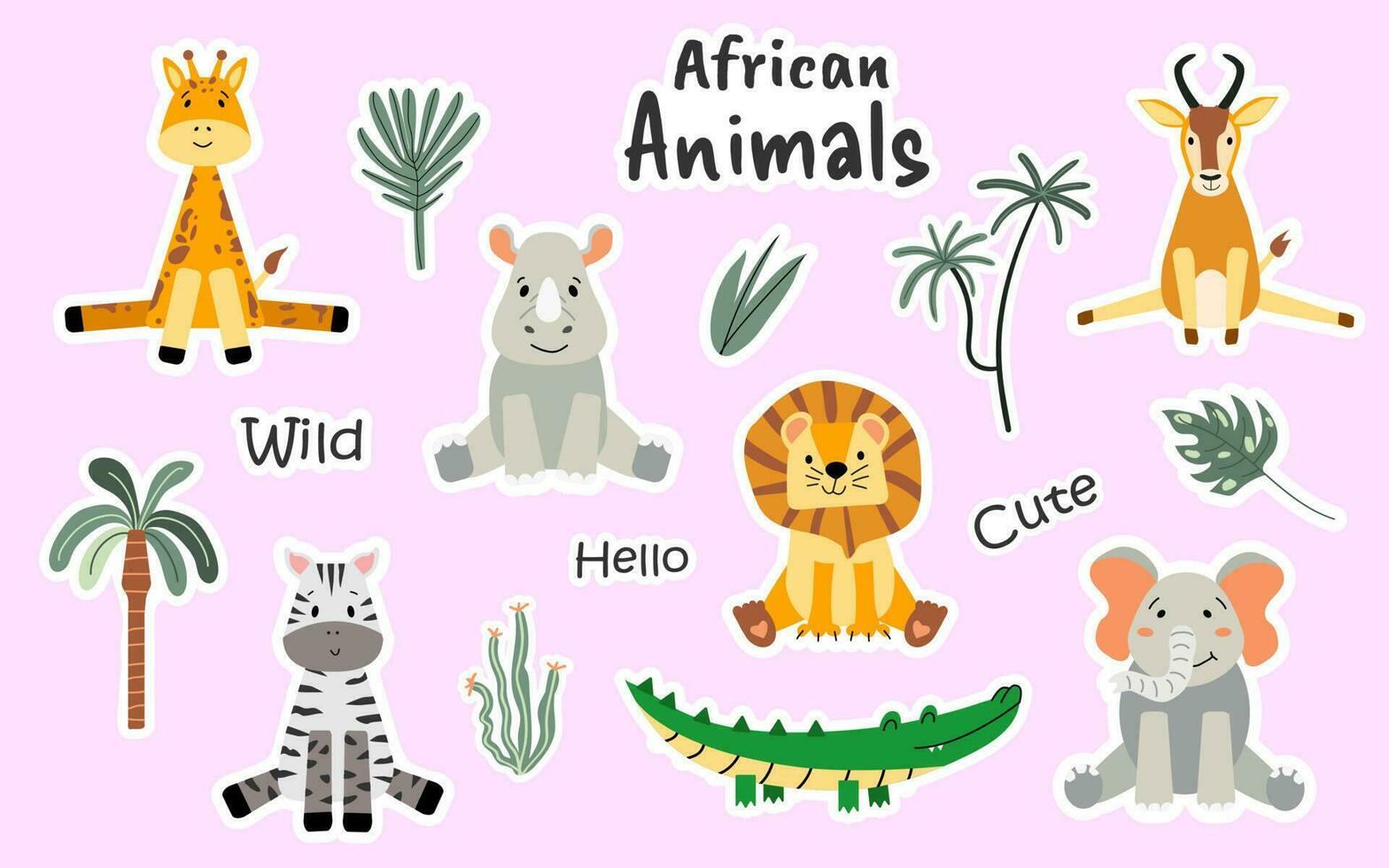Big set of African animals stickers. Vector animals and plants. Elephant, lion, giraffe, zebra, rhinoceros, crocodile, palm trees. Cute children's stickers of wild animals.