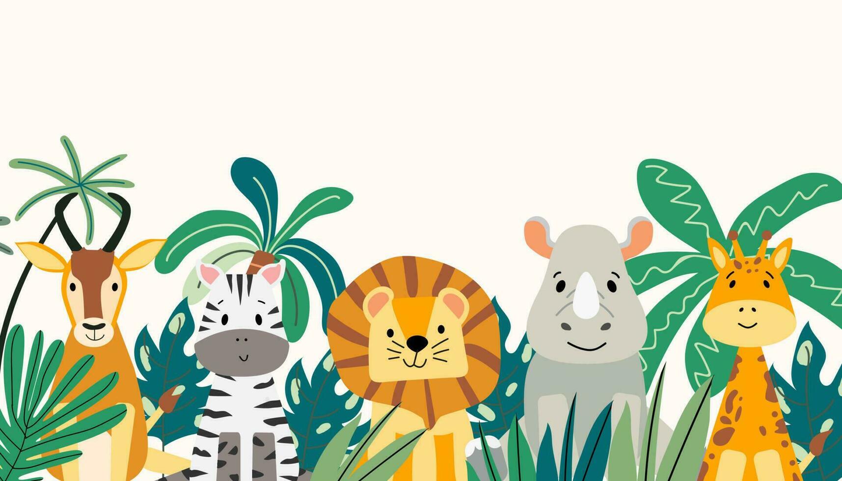 Cute wild animals in tropical leaves. African animals in the jungle. Zebra, lion, giraffe, antelope and rhinoceros in a flat cartoon style. Vector horizontal banner.