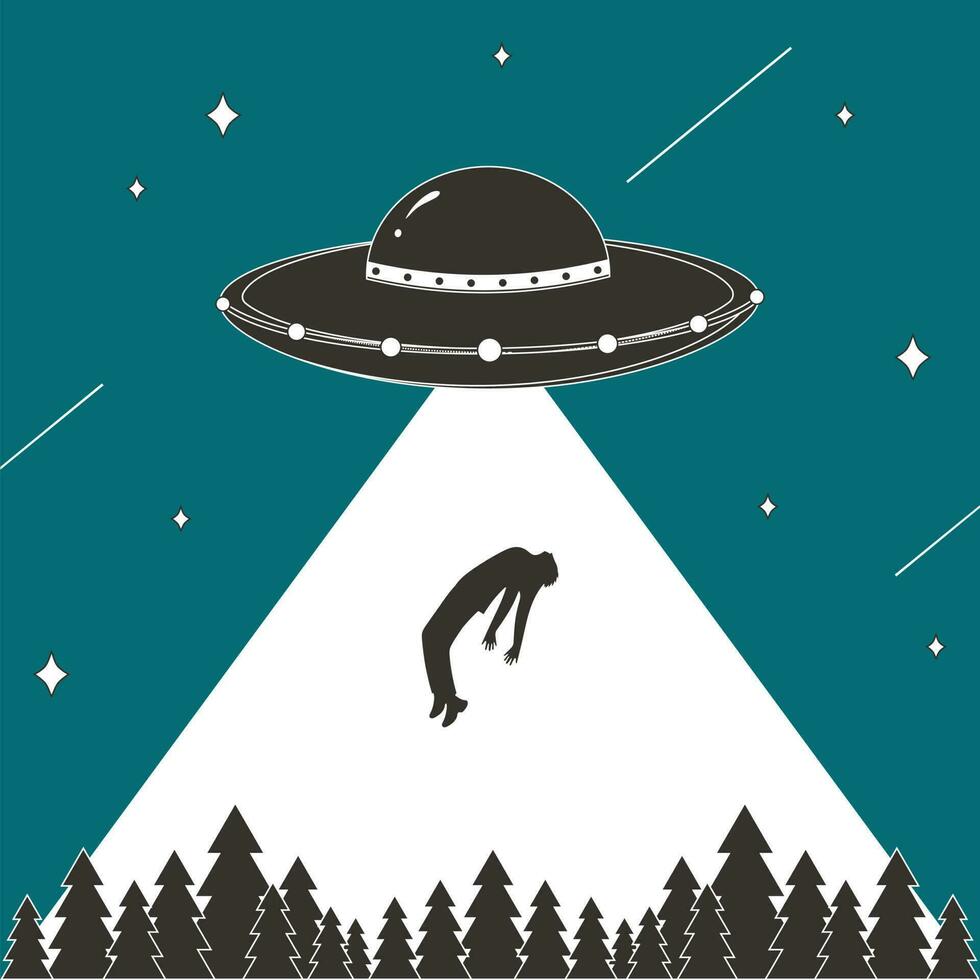 Retro UFO abduction poster. UFO abducting a man with a forest and night sky in the background. vector