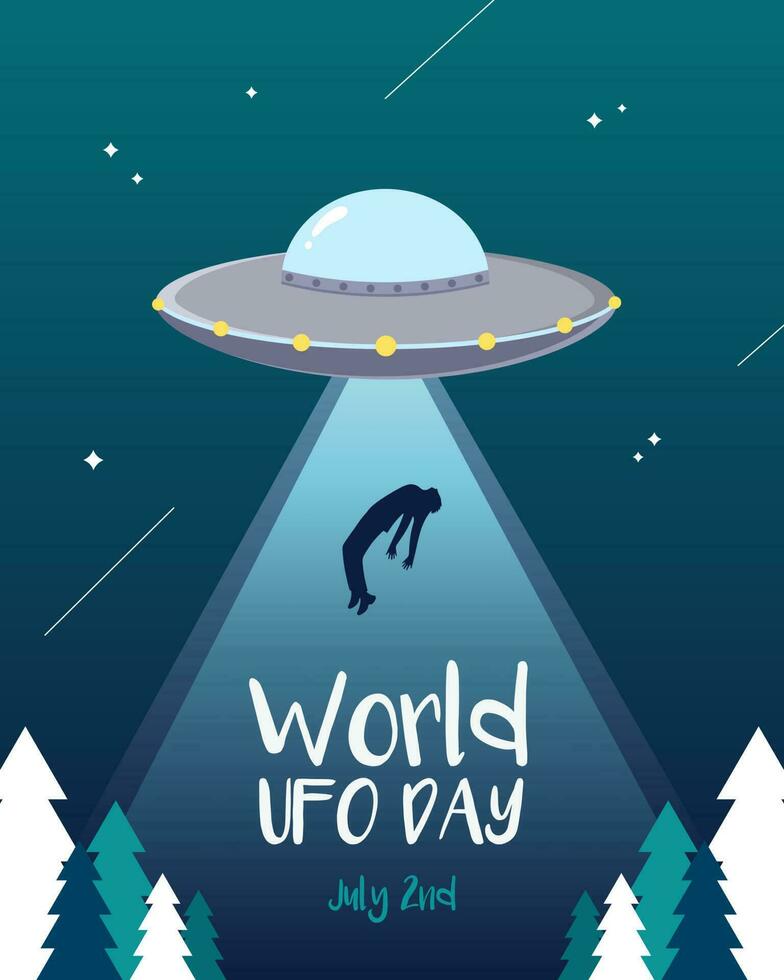 World UFO day vector poster with a flying saucer abducting a man on the green star sky background.