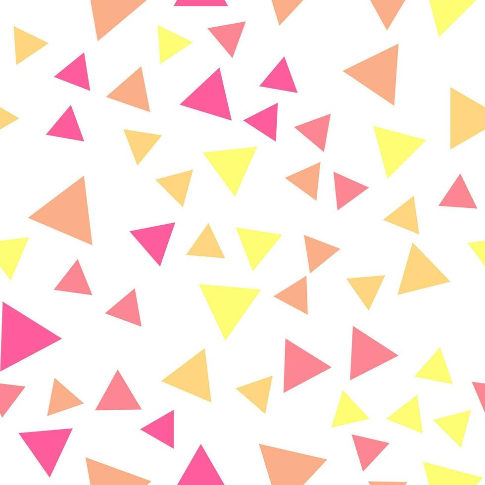 Geometric seamless pattern of pink, beige, orange, yellow triangles for textile, paper and other surfaces vector