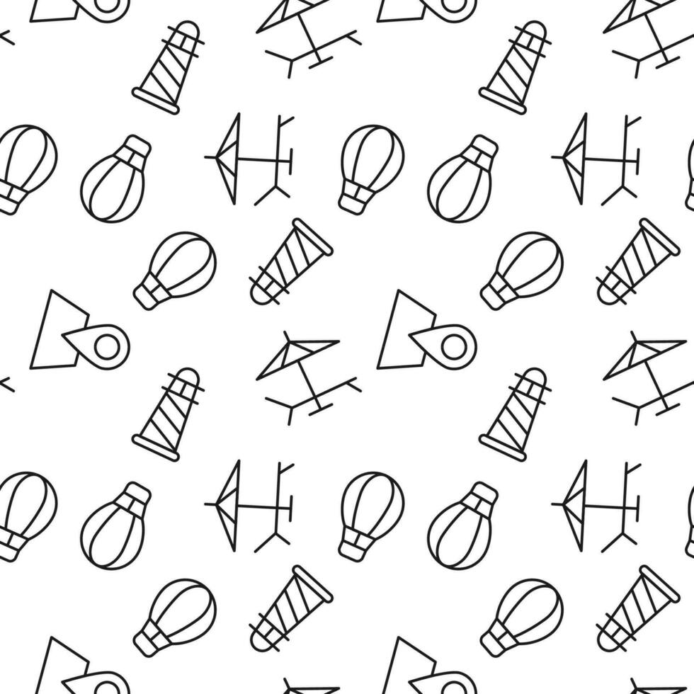 Seamless monochrome repeating pattern of balloon, lighthouse, deckchair, map pin vector