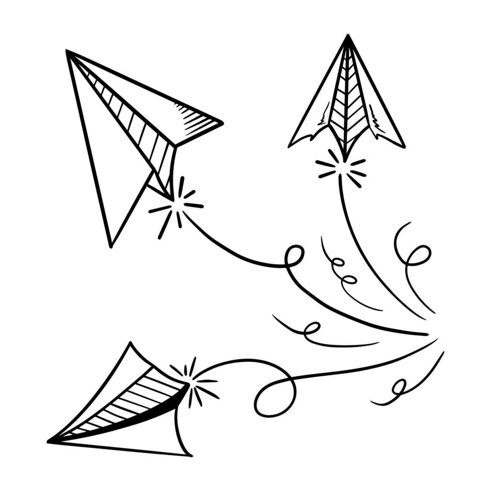 Set of doodle paper plane icon. Hand draw paper airplane. Vector Illustration.