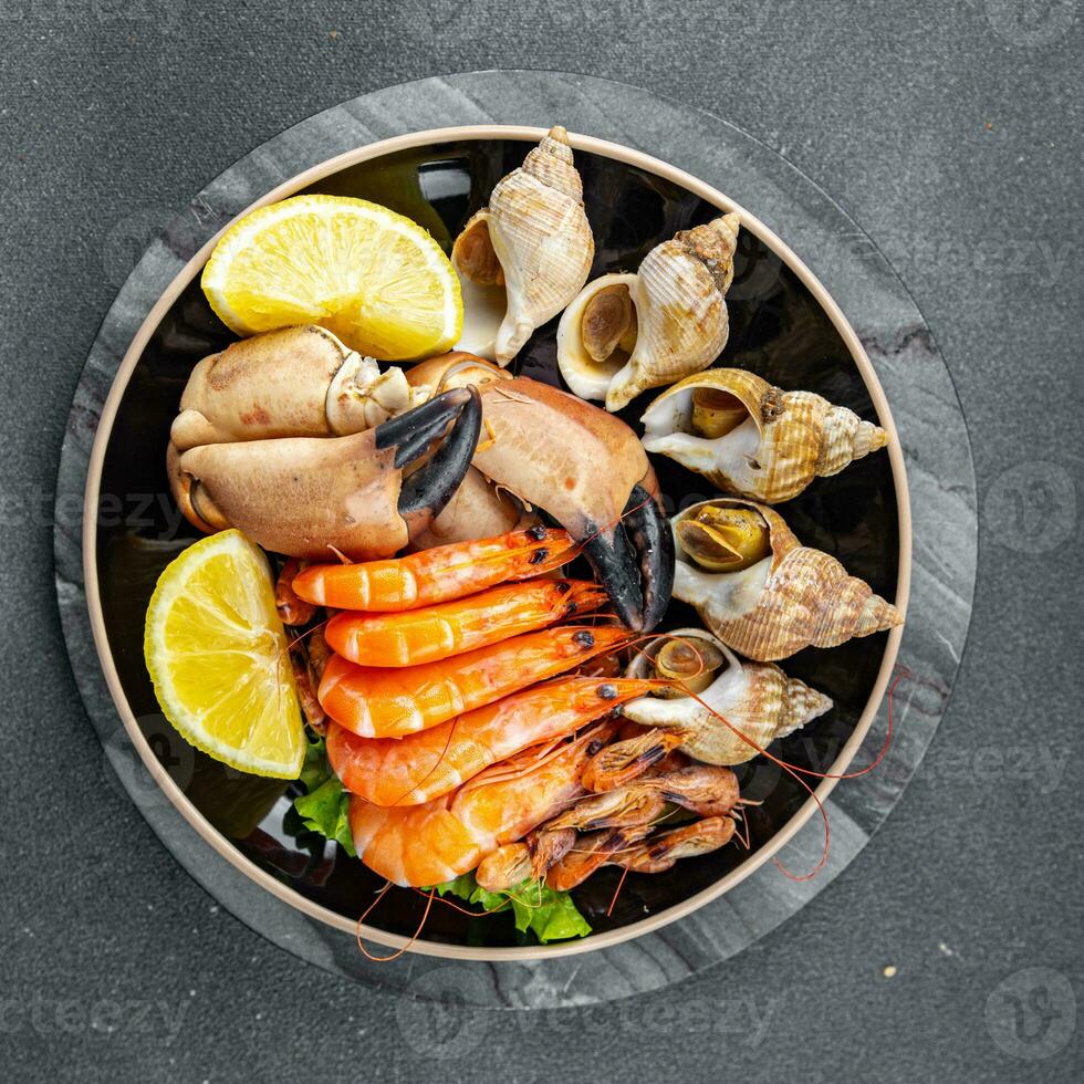 fresh seafood plate snack shrimp, crab claw, clam, rapan, trumpeter mollusk  meal food on the table copy space food background rustic top view photo