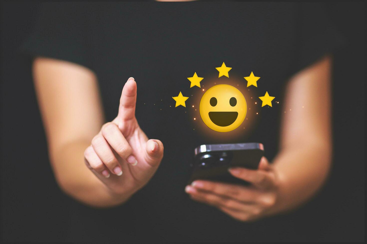 Customer pressing satisfaction with gold five star rating feedback icon and press level excellent rank for giving best score point to review the service , experience success business rate  concept. photo