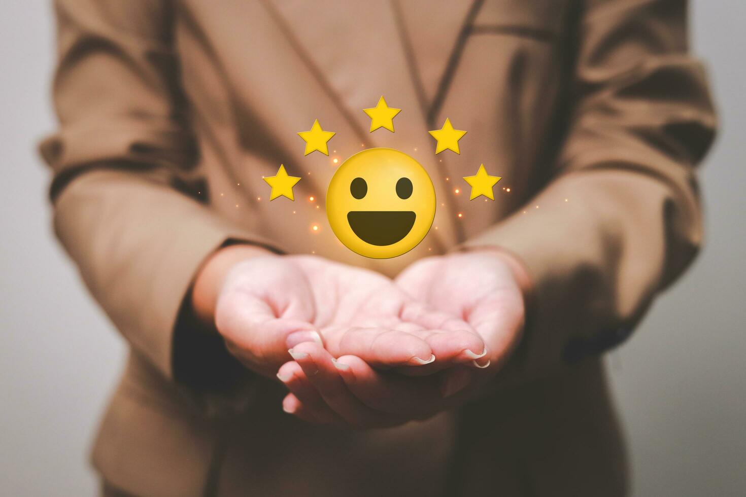 Customer pressing satisfaction with gold five star rating feedback icon and press level excellent rank for giving best score point to review the service , experience success business rate  concept. photo