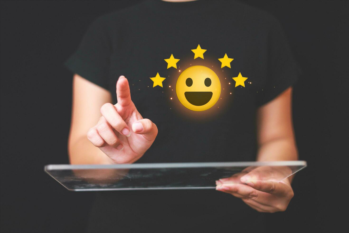 Customer pressing satisfaction with gold five star rating feedback icon and press level excellent rank for giving best score point to review the service , experience success business rate  concept. photo