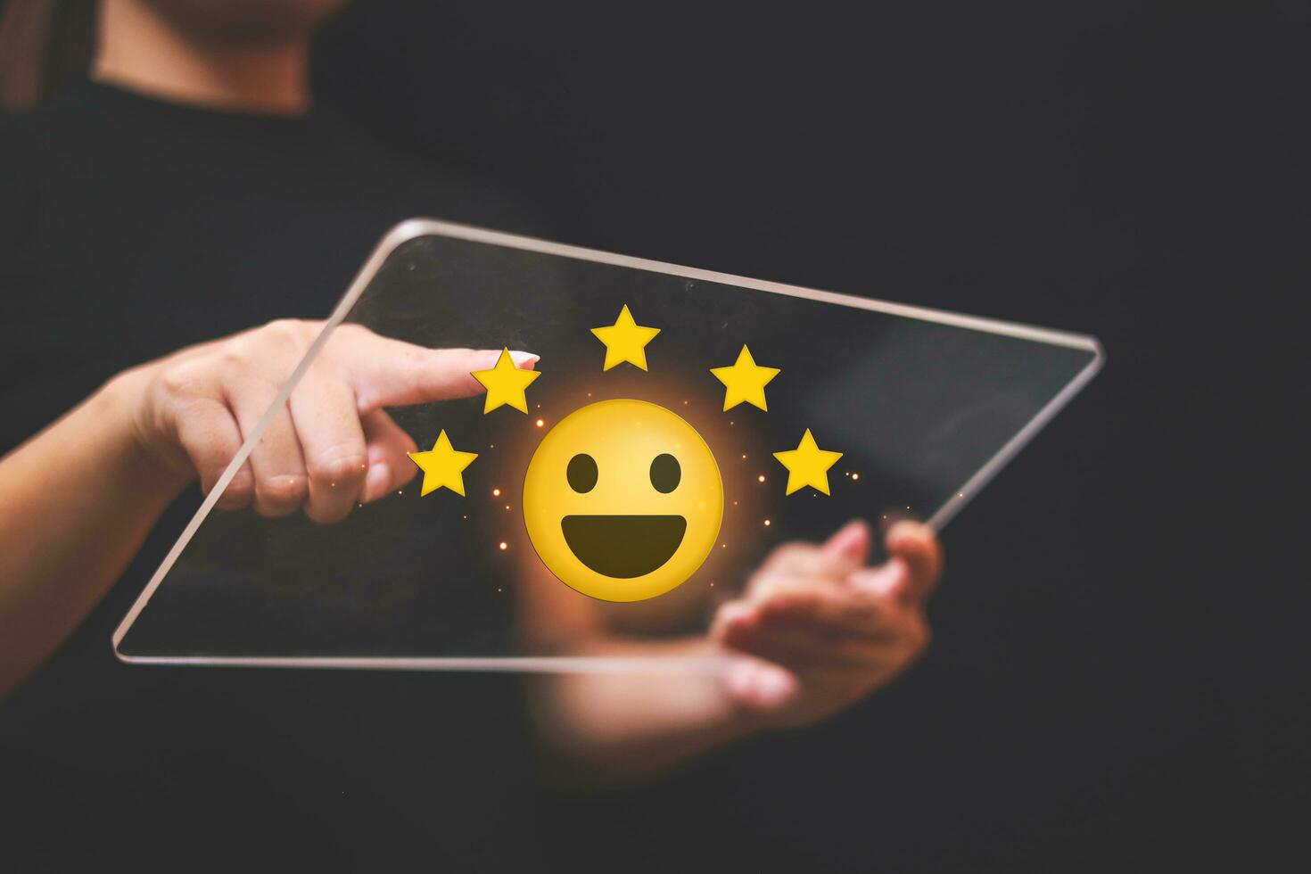 Customer pressing satisfaction with gold five star rating feedback icon and press level excellent rank for giving best score point to review the service , experience success business rate  concept. photo