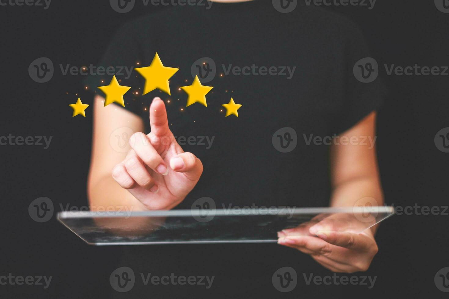 Customer pressing satisfaction with gold five star rating feedback icon and press level excellent rank for giving best score point to review the service , experience success business rate  concept. photo