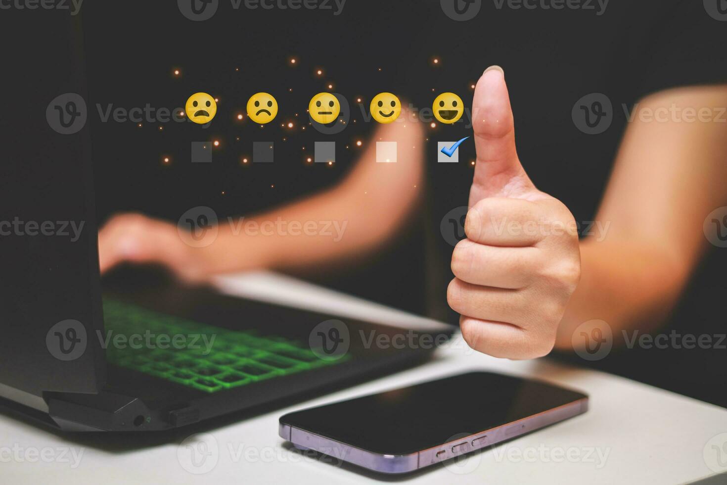 Customer pressing satisfaction with gold five star rating feedback icon and press level excellent rank for giving best score point to review the service , experience success business rate  concept. photo