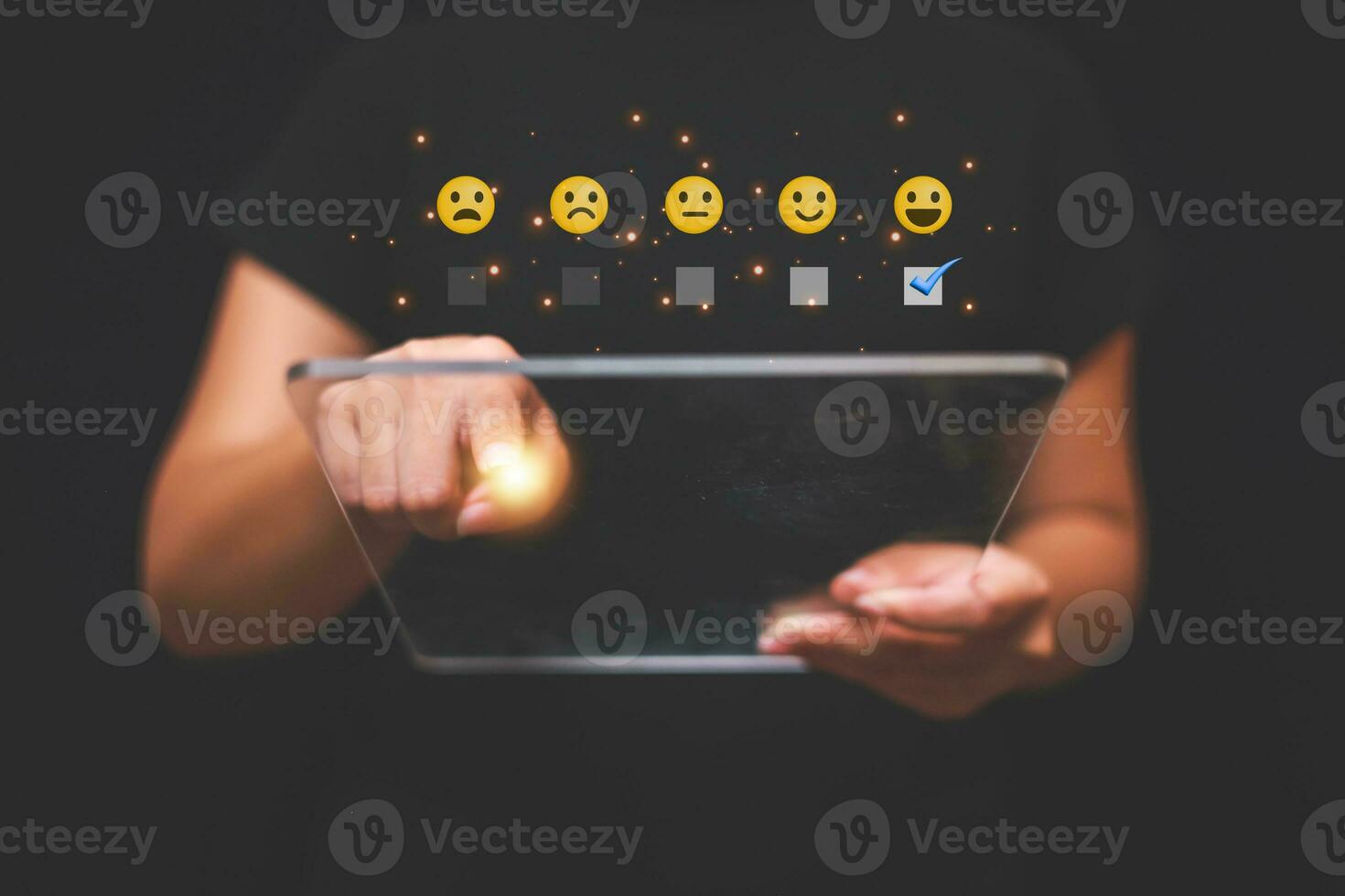 Customer pressing satisfaction with gold five star rating feedback icon and press level excellent rank for giving best score point to review the service , experience success business rate  concept. photo