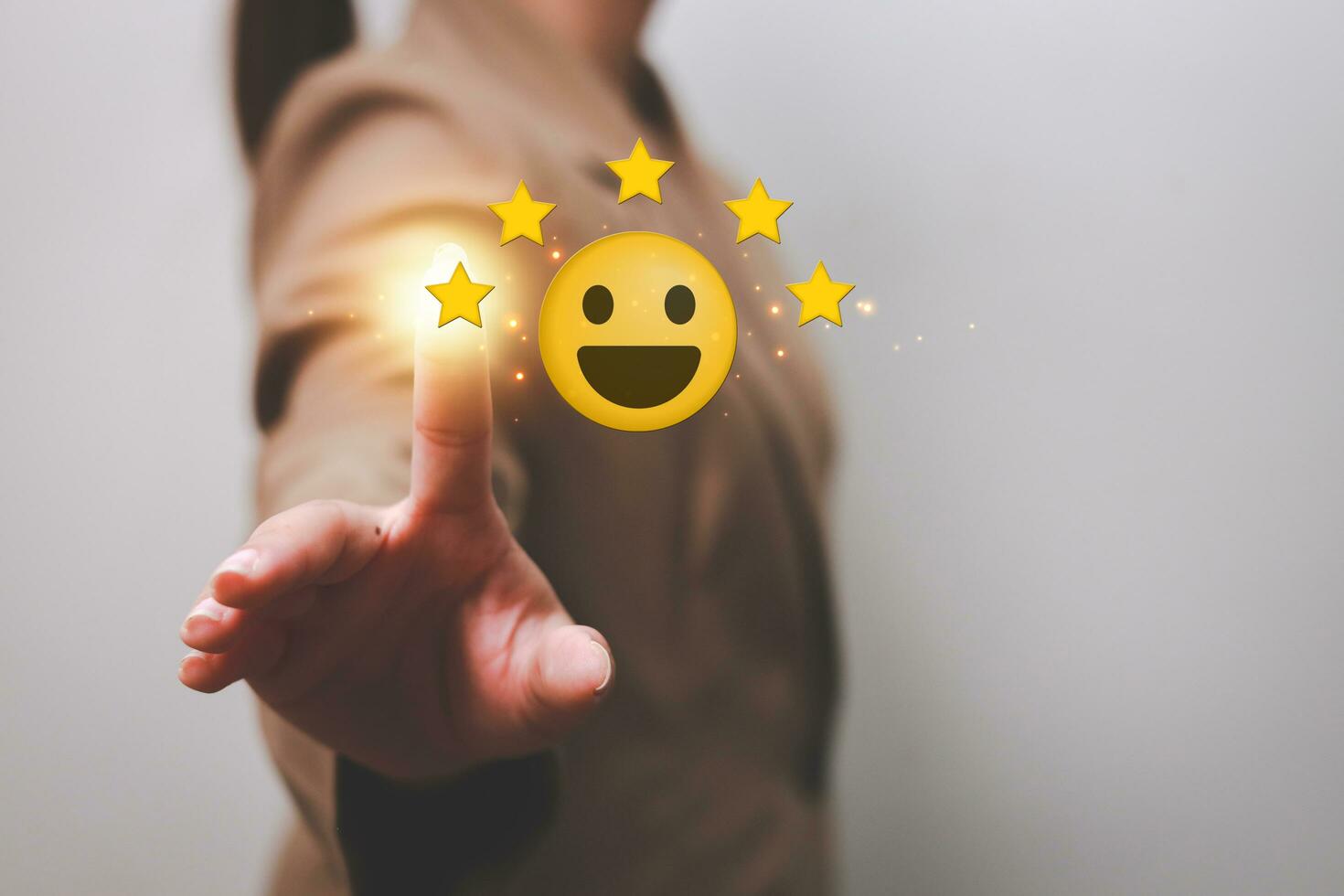 Customer pressing satisfaction with gold five star rating feedback icon and press level excellent rank for giving best score point to review the service , experience success business rate  concept. photo