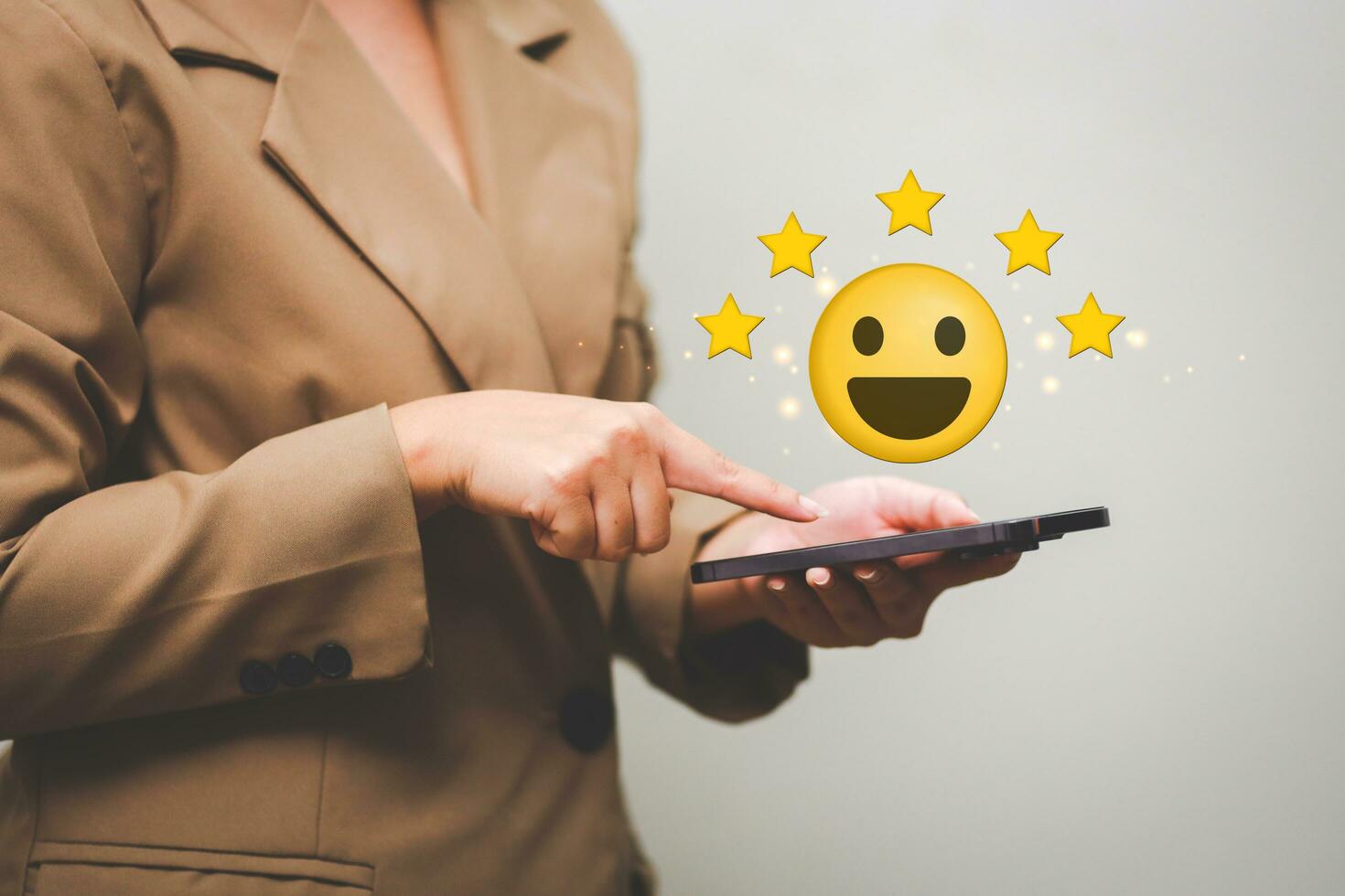 Customer pressing satisfaction with gold five star rating feedback icon and press level excellent rank for giving best score point to review the service , experience success business rate  concept. photo