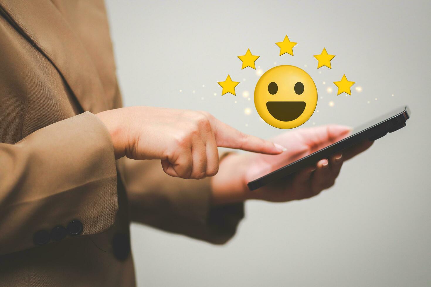 Customer pressing satisfaction with gold five star rating feedback icon and press level excellent rank for giving best score point to review the service , experience success business rate  concept. photo