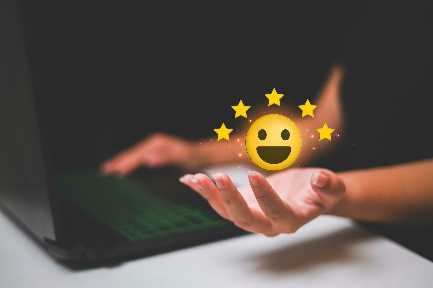 Customer pressing satisfaction with gold five star rating feedback icon and press level excellent rank for giving best score point to review the service , experience success business rate  concept. photo