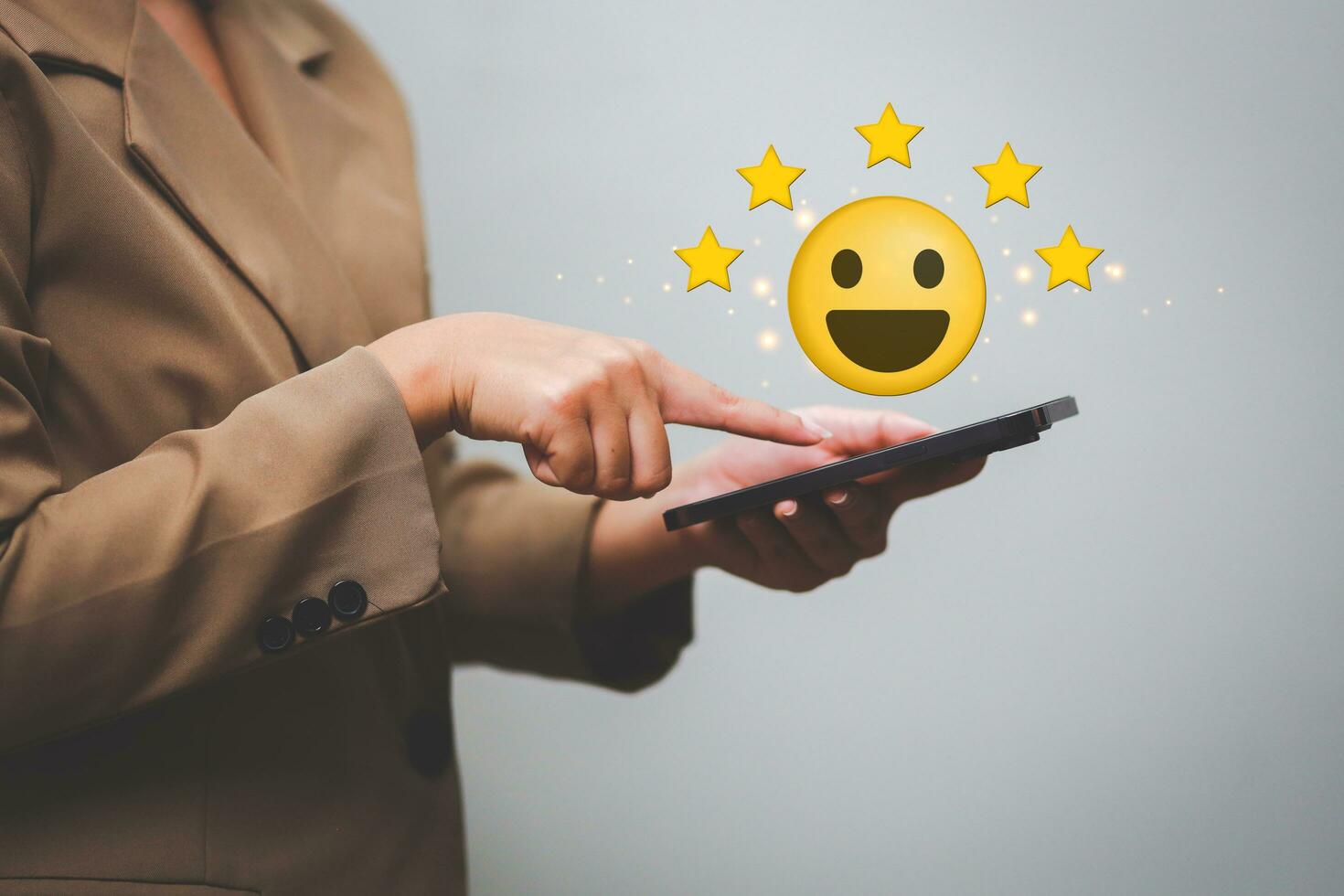 Customer pressing satisfaction with gold five star rating feedback icon and press level excellent rank for giving best score point to review the service , experience success business rate  concept. photo