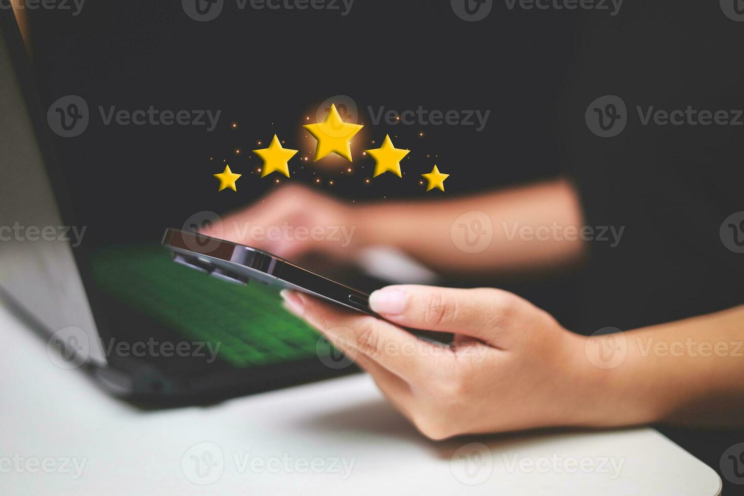 Customer pressing satisfaction with gold five star rating feedback icon and press level excellent rank for giving best score point to review the service , experience success business rate  concept. photo