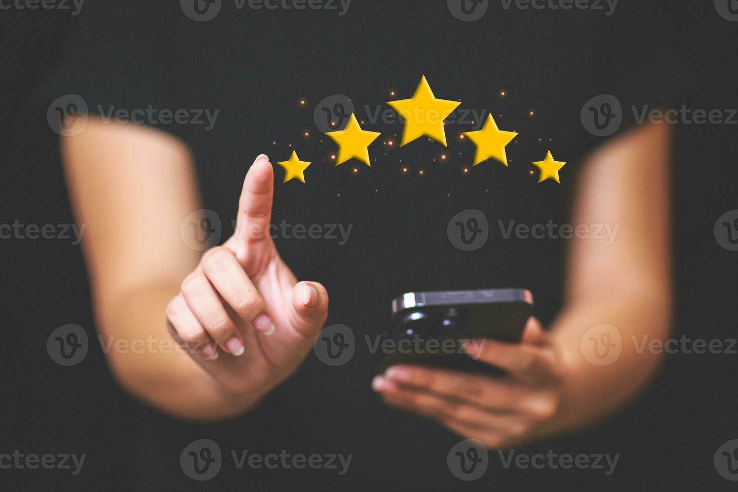 Customer pressing satisfaction with gold five star rating feedback icon and press level excellent rank for giving best score point to review the service , experience success business rate  concept. photo