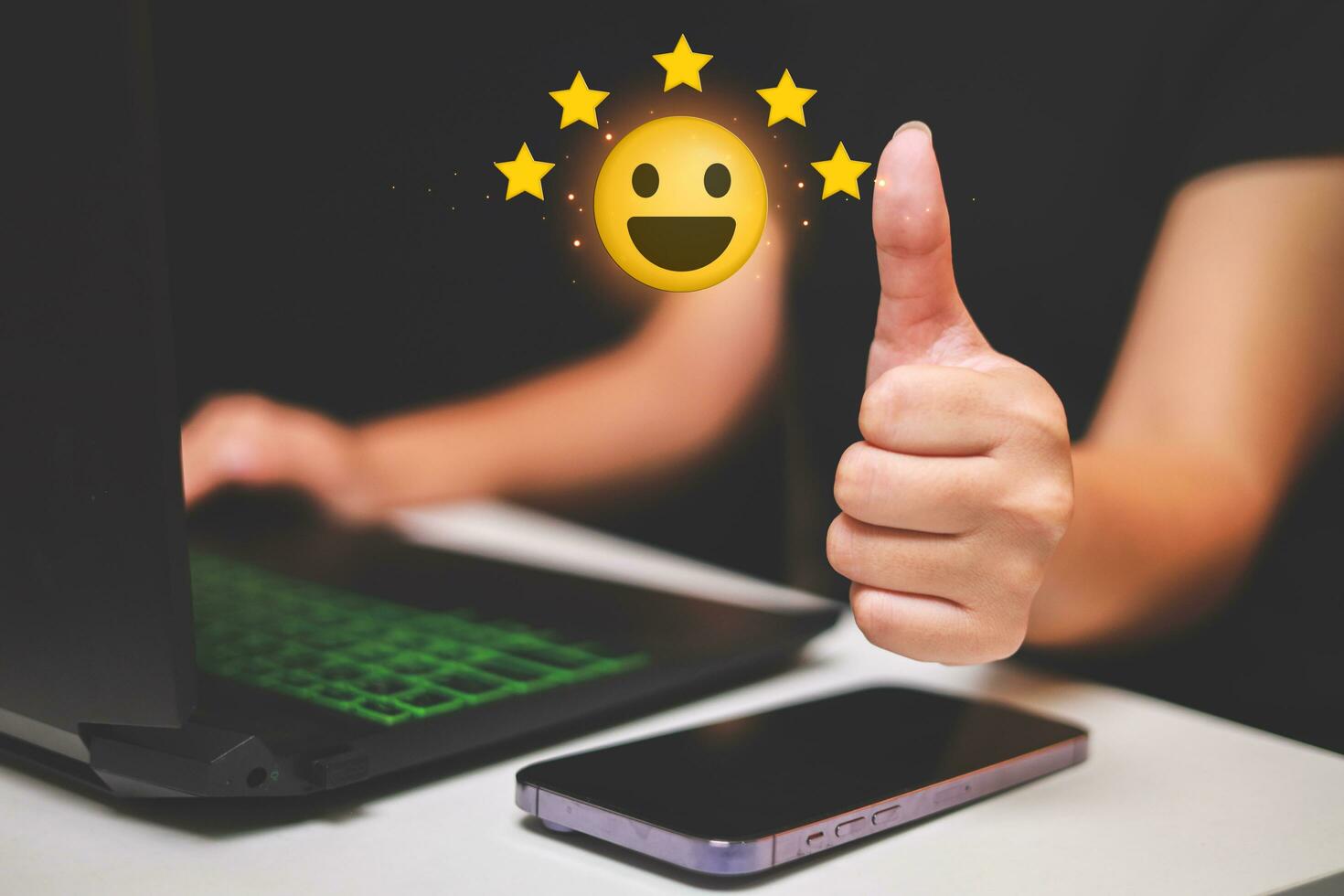 Customer pressing satisfaction with gold five star rating feedback icon and press level excellent rank for giving best score point to review the service , experience success business rate  concept. photo
